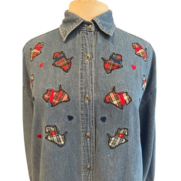 Vintage Quizz Again & Co. Denim Button-Up Shirt With Embroidered Plaid Scottie D - Picture 5 of 10